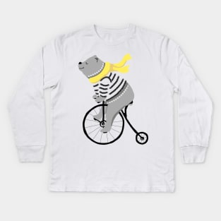 Happy Bear Riding a Bicycle Kids Long Sleeve T-Shirt
